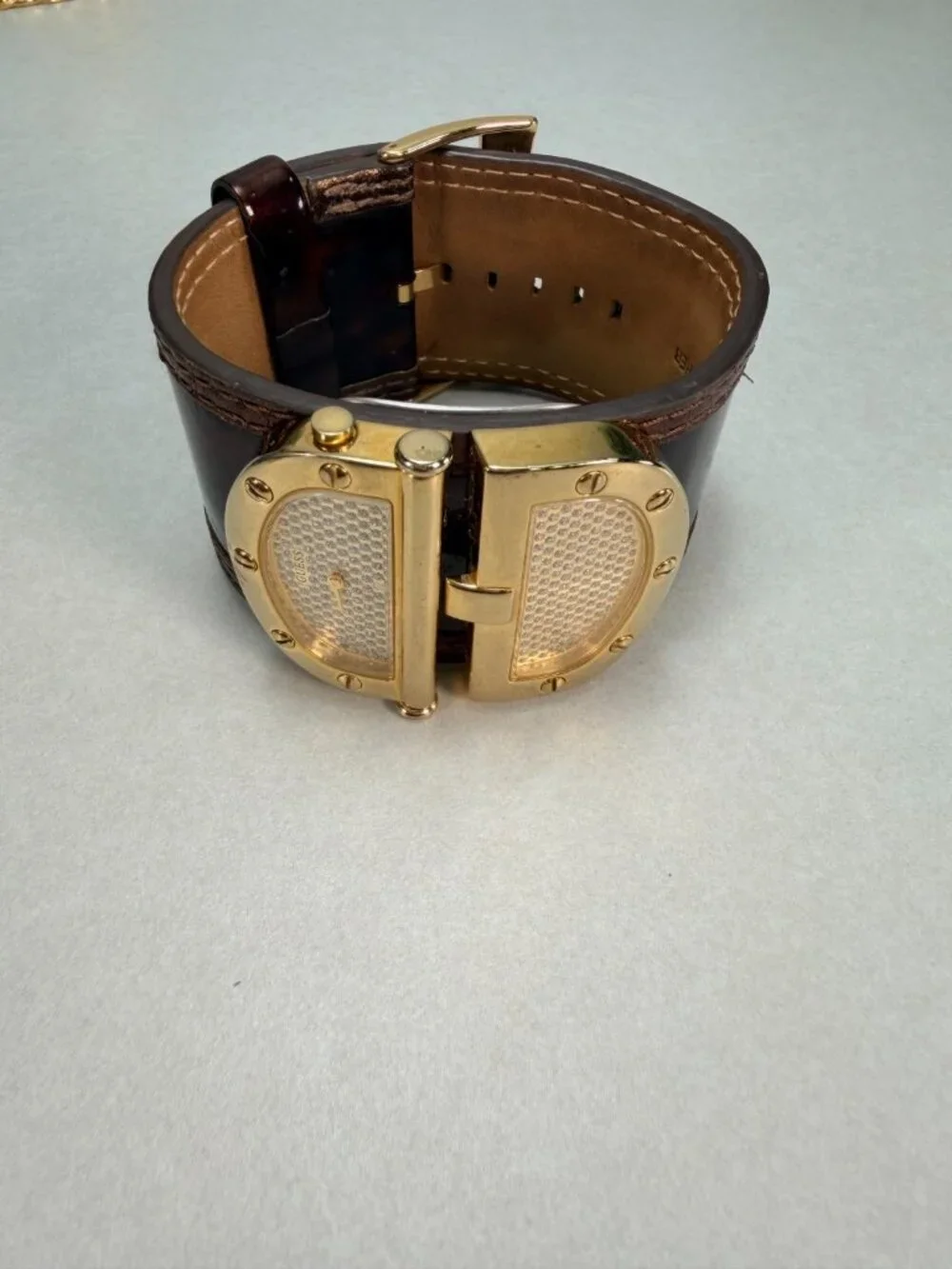 Guess Wide Cuff Watch Brown Leather Gold Tone Statement Watch